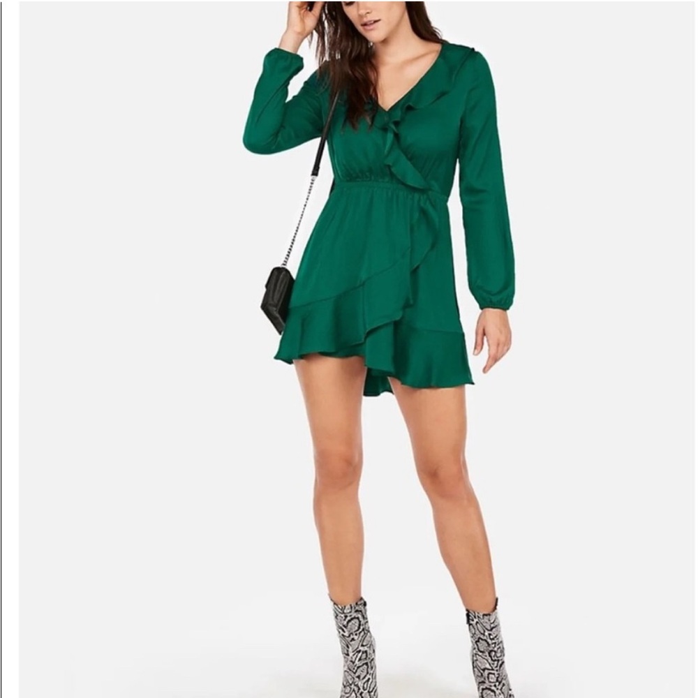 Express Green Long Sleeve Ruffle Mini Dress Small